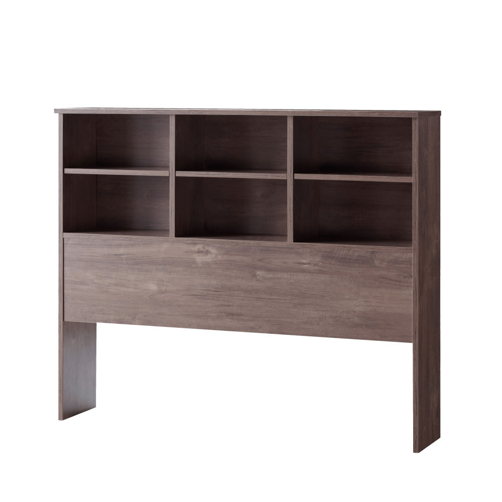 Full bookcase headboard six shelves three shelves adjustable top panel rounded corners hazelnut color