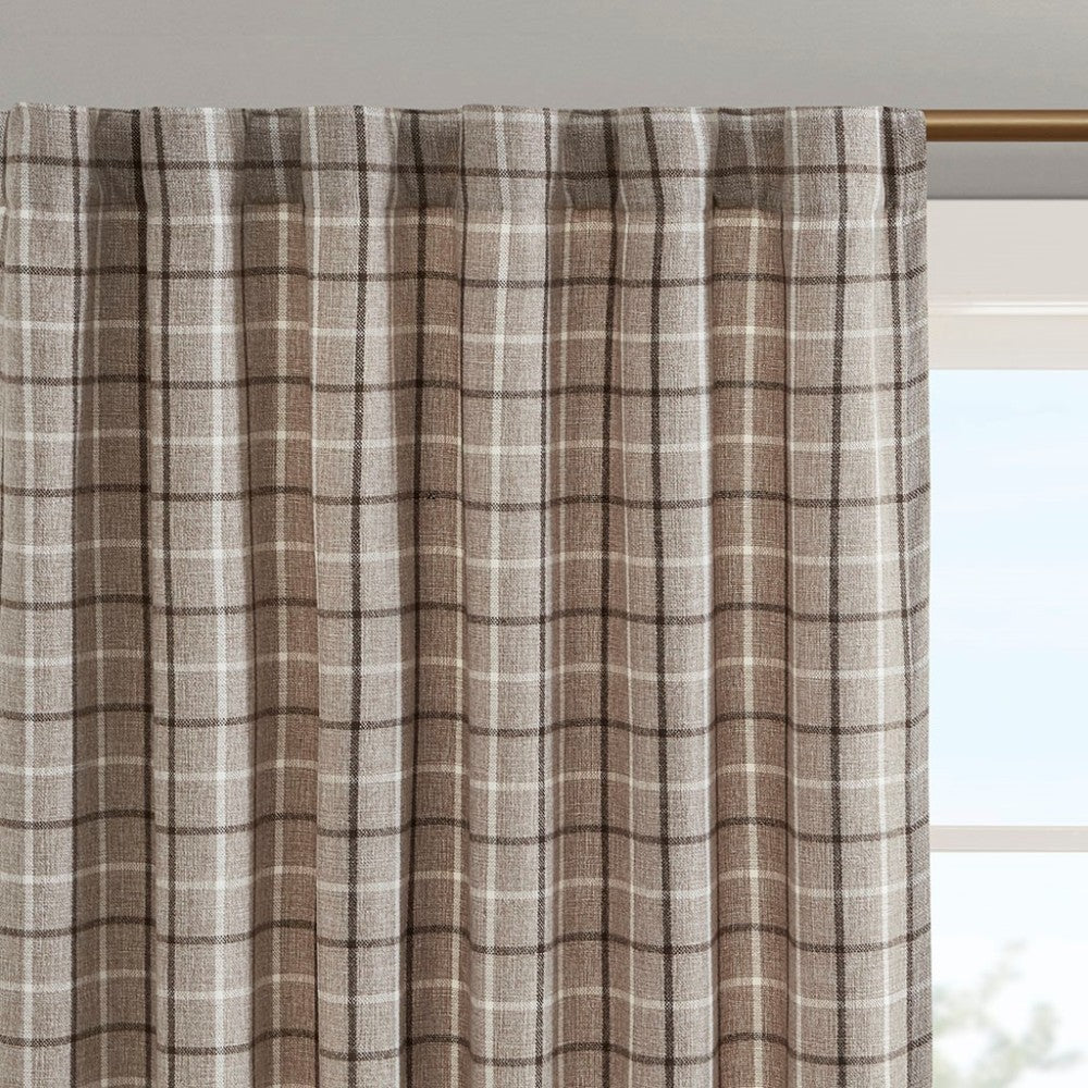 Plaid Rod Pocket and Back Tab Curtain Panel with Fleece Lining Brown 50x95"