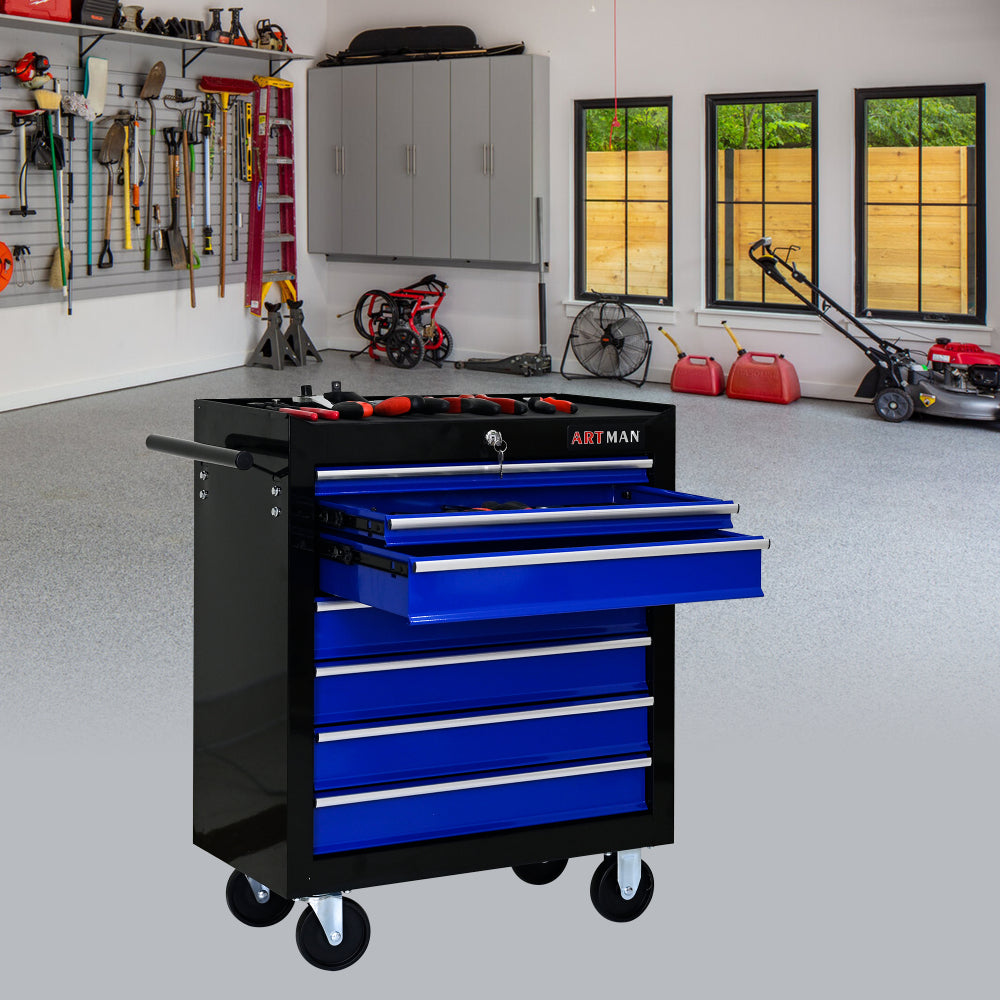 7 DRAWERS MULTIFUNCTIONAL TOOL CART WITH WHEELS-BLACK+BLUE