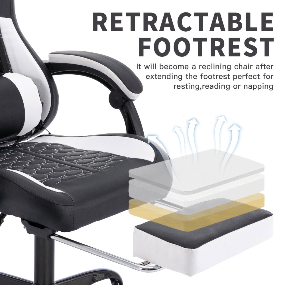 Gaming Chair with Massage,Ergonomic PC Gaming Chair with Footrest Comfortable Headrest and Lumbar Support,High Back PVC Leather,300LBS (Black White)