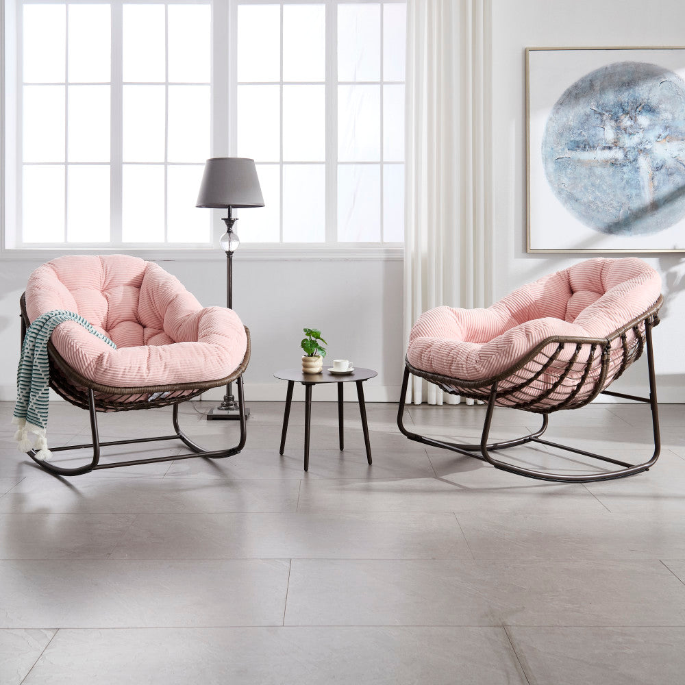 Outdoor Rattan Rocking Chair,Padded Cushion Rocker Recliner Chair Outdoor for Front Porch, Living Room, Patio, Garden, 
Pink
