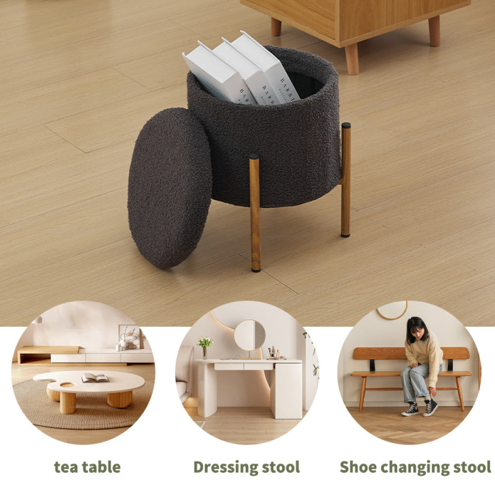 Modern Round Storage Ottoman, Ottoman Foot Stools With Metal Base, Ottoman Footstool with Removable Lid Storage Ottoman for Living Room, Bedroom, Makeup Room (Gray)