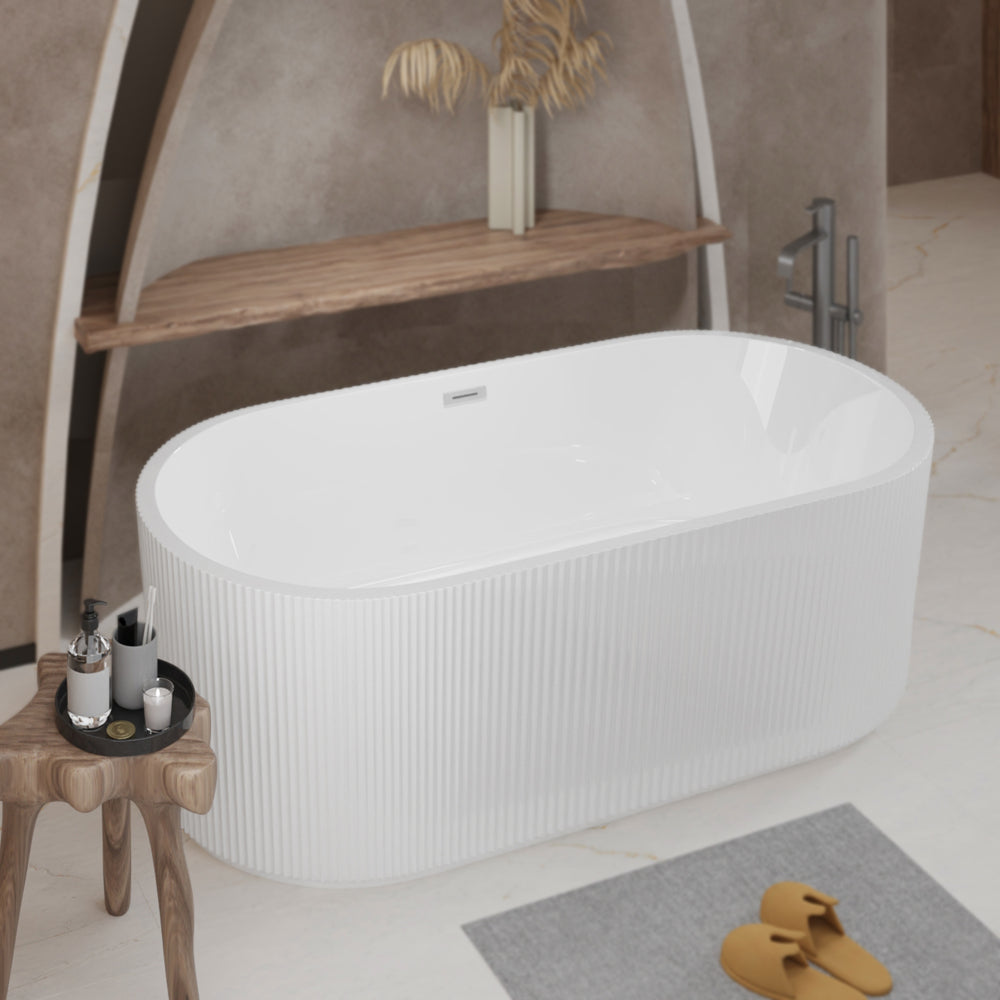 59"Linear AcrylicFreestanding Bathtub Stand Alone Soaker Tub, Glossy White Acrylic, POP-UP Chrome Drain, cUPC Certified