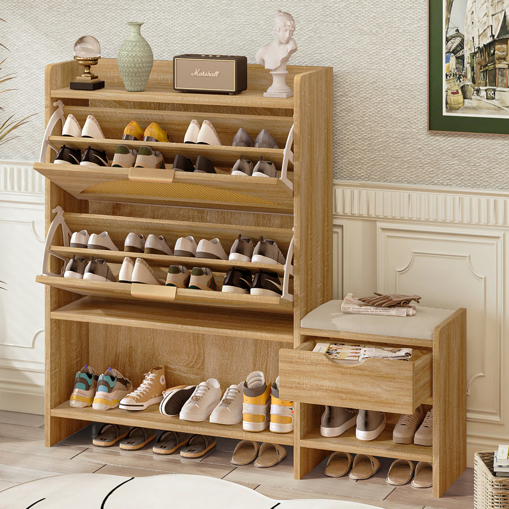 47.2" Shoe Storage Cabinet Rattan Shoe Storage Organizer With 2 Flip Drawers, a Storage Drawer and a Bench For Entryway, and Hallway, Light Brown