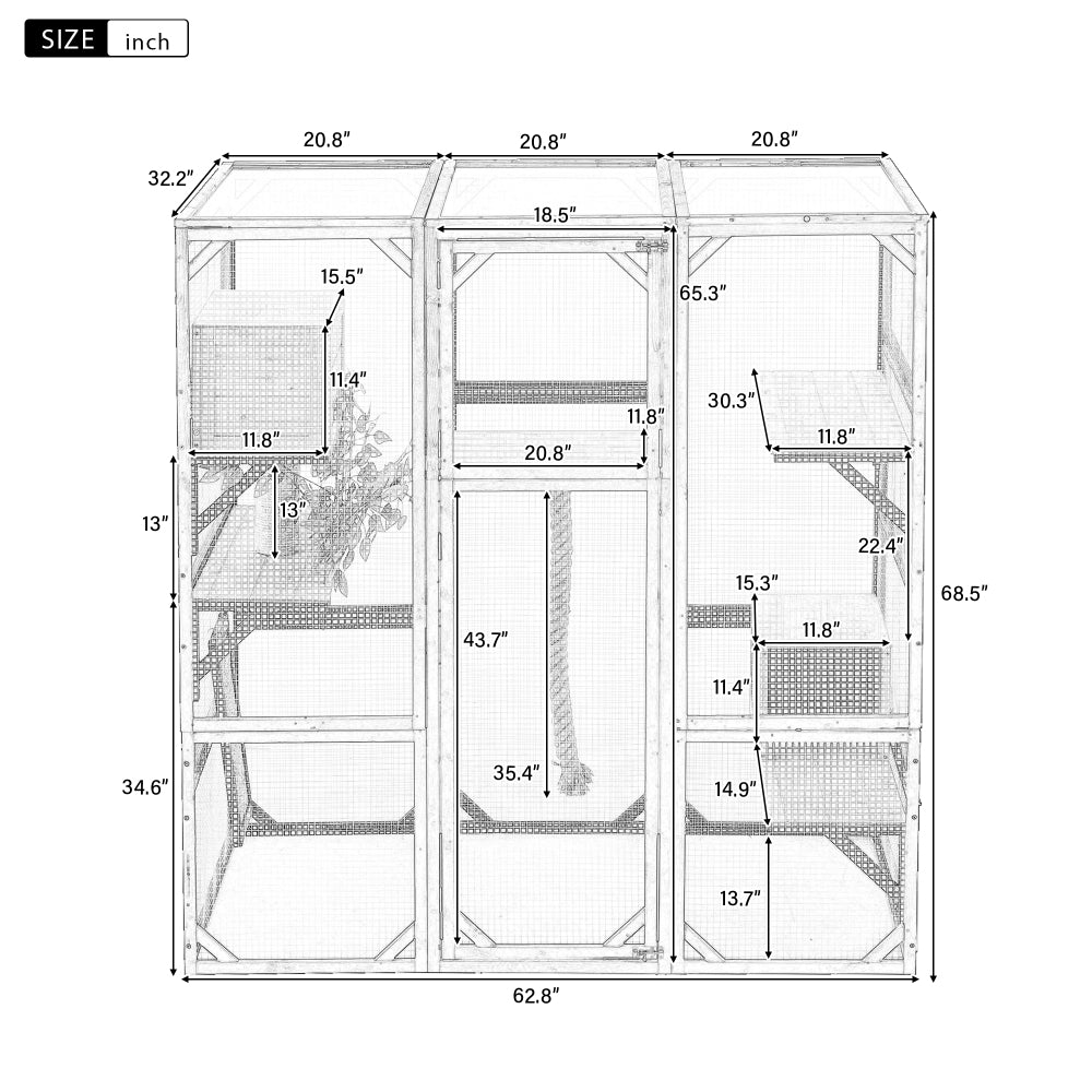 Outdoor Cat House, DIY Cat Enclosure, Cat Catio with Double Enter Doors, 62.8"L x 32.2"W x68.5"H Balcony Cat Playpen with Platforms and Two Condos for 1-3 Cats, Light Grey