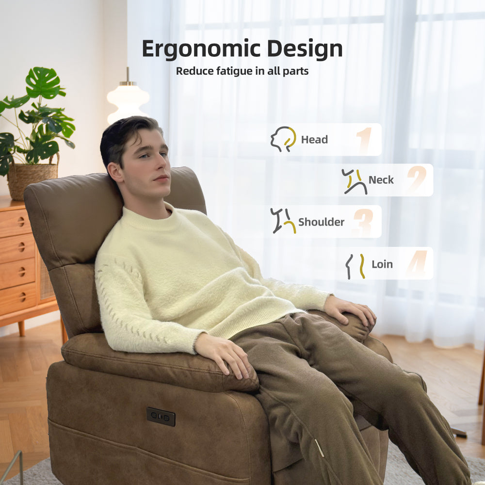 Electric Zero Gravity Recliner Chair with USB & Type-C Charging Ports – Padded Tech Fabric Reclining Chair with Side Pocket, Lumbar Support – Oversized Comfort for Adults, Brown