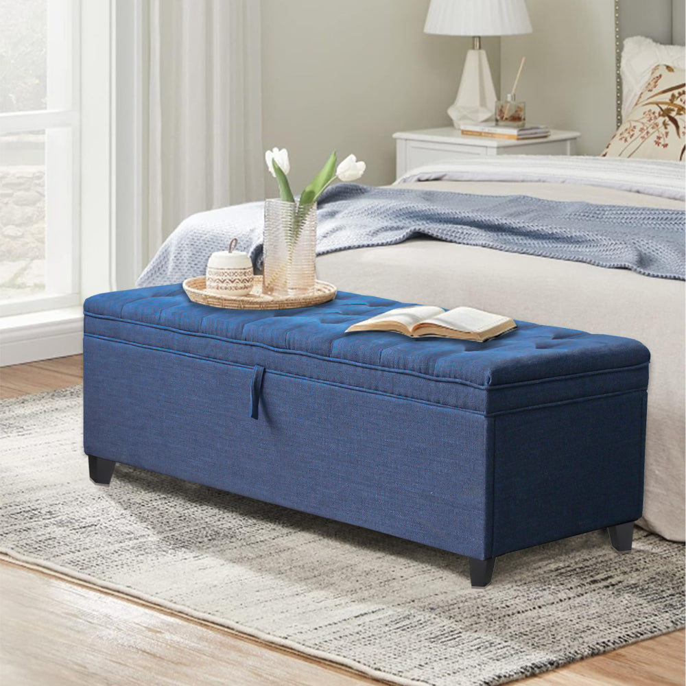 55.3 Inch Extra Long Storage Ottoman Entryway Bench with Flip Top Storage Chest with Padded Seat Bed End Stool for Hallway Living Room Bedroom, Blue Linen