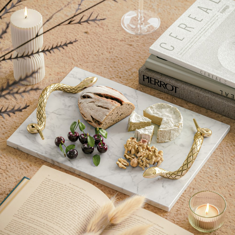 Mamba White Marble Decorative Serving Tray with Brass Snake Handles