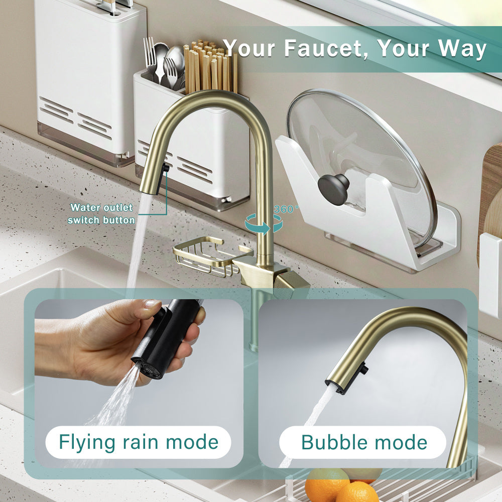High Arc Pull-Down Kitchen Faucet - Single Hole Stainless Steel, Modern Sink Faucet (Brushed Gold)