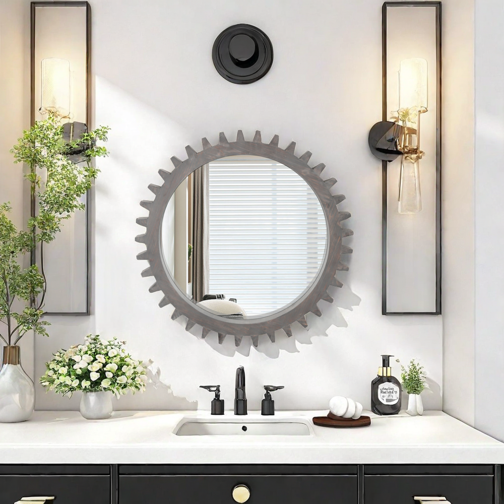 Vintage 34'' x 34'' Wood Round Hanging Gear Shape Heavy Decorative Mirror For Bathroom Living Room Entryway Or Put Together To Your Liking(Antique Dark Brown)