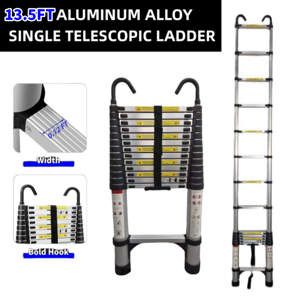 4.1-meter telescopic ladder, aluminum telescopic ladder, non slip feet, maximum capacity of 300 pounds, foldable ladder with hooks, suitable for RV or outdoor work
