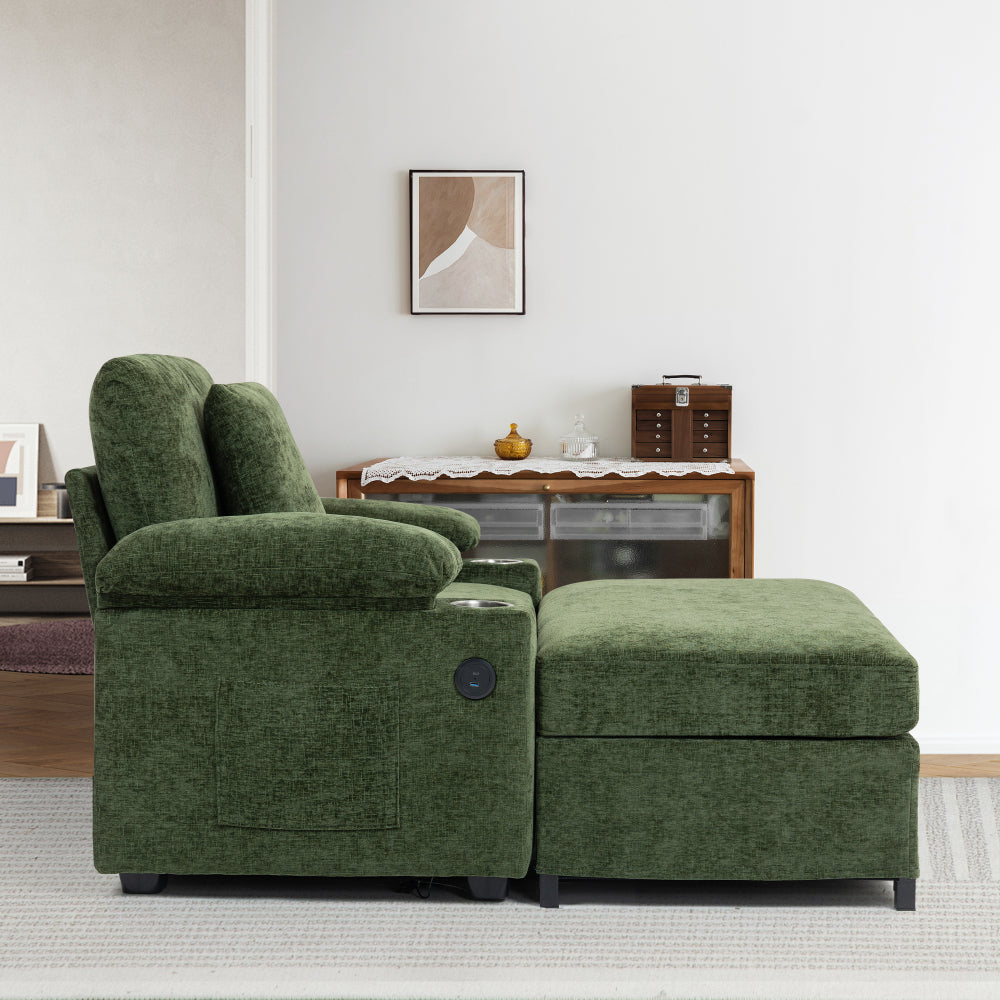 Modern Oversized Chair with Ottoman,Chenille Fabric Sofa Bed,Accent Chair Comfy Sofa with Cupholders and USB Charging Ports Chair for Living Room,Bedroom,Apartment