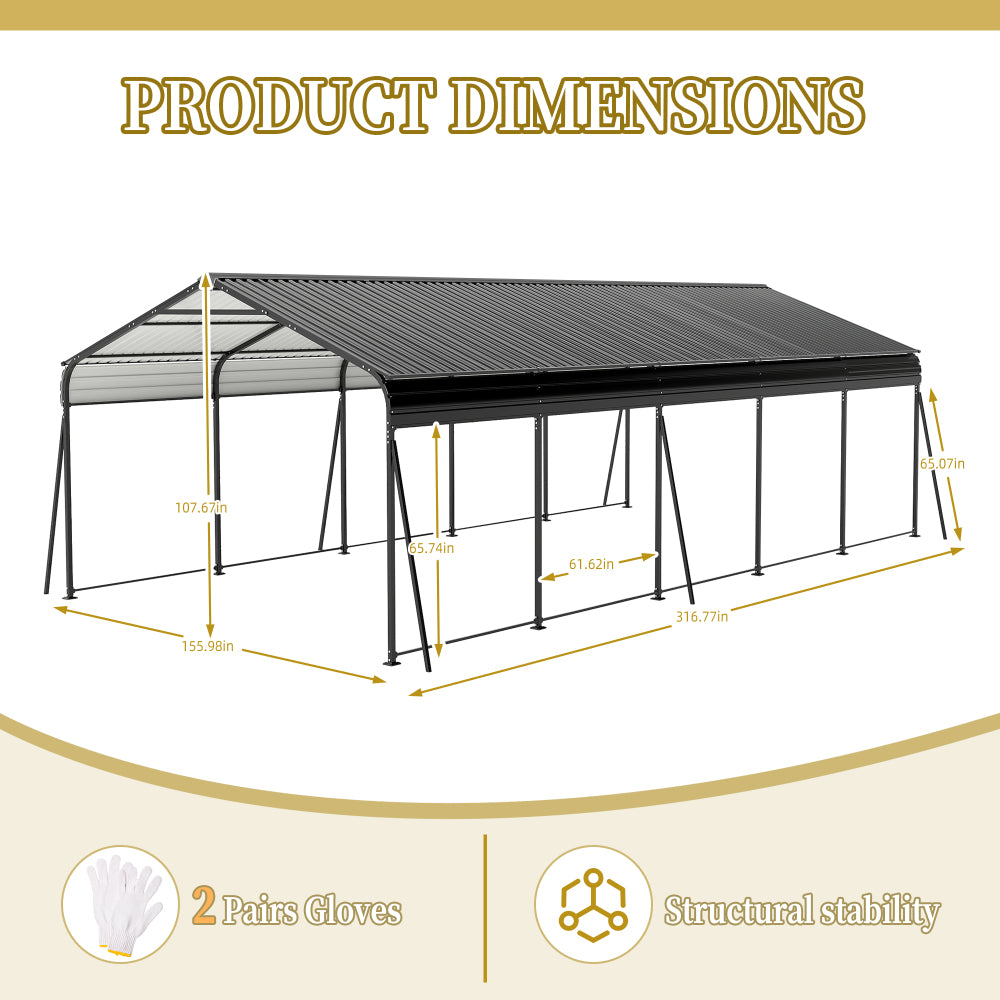 Campcraft 13 x 26.5 ft carport, 0.25mm thick, with protective film to prevent scratching, 2 pairs of adhesive gloves, 3 hooks, 12 expansion screws, 6 fixed iron pieces