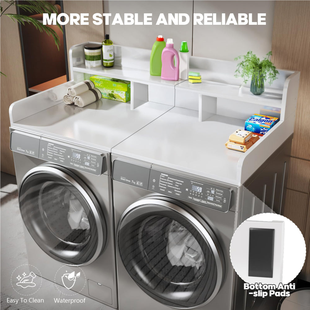 Washer Dryer Countertop with Non-slip Pads Laundry Wood Shelf Topper with Edge, 54" Width x 27.5" Depth Double Layer Organizer for Washer and Dryer Laundry Hamper Counter Storage Organization (WHITE)