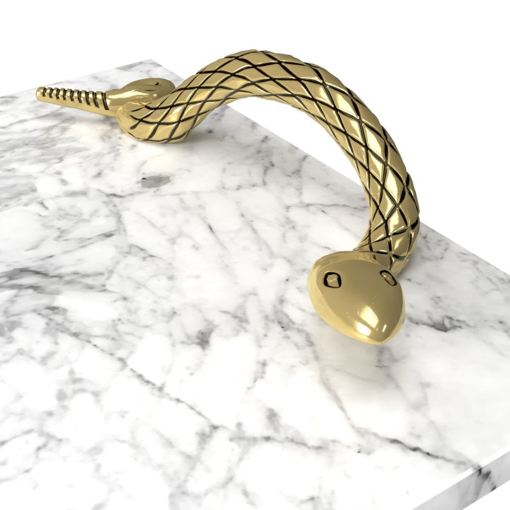Mamba White Marble Decorative Serving Tray with Brass Snake Handles