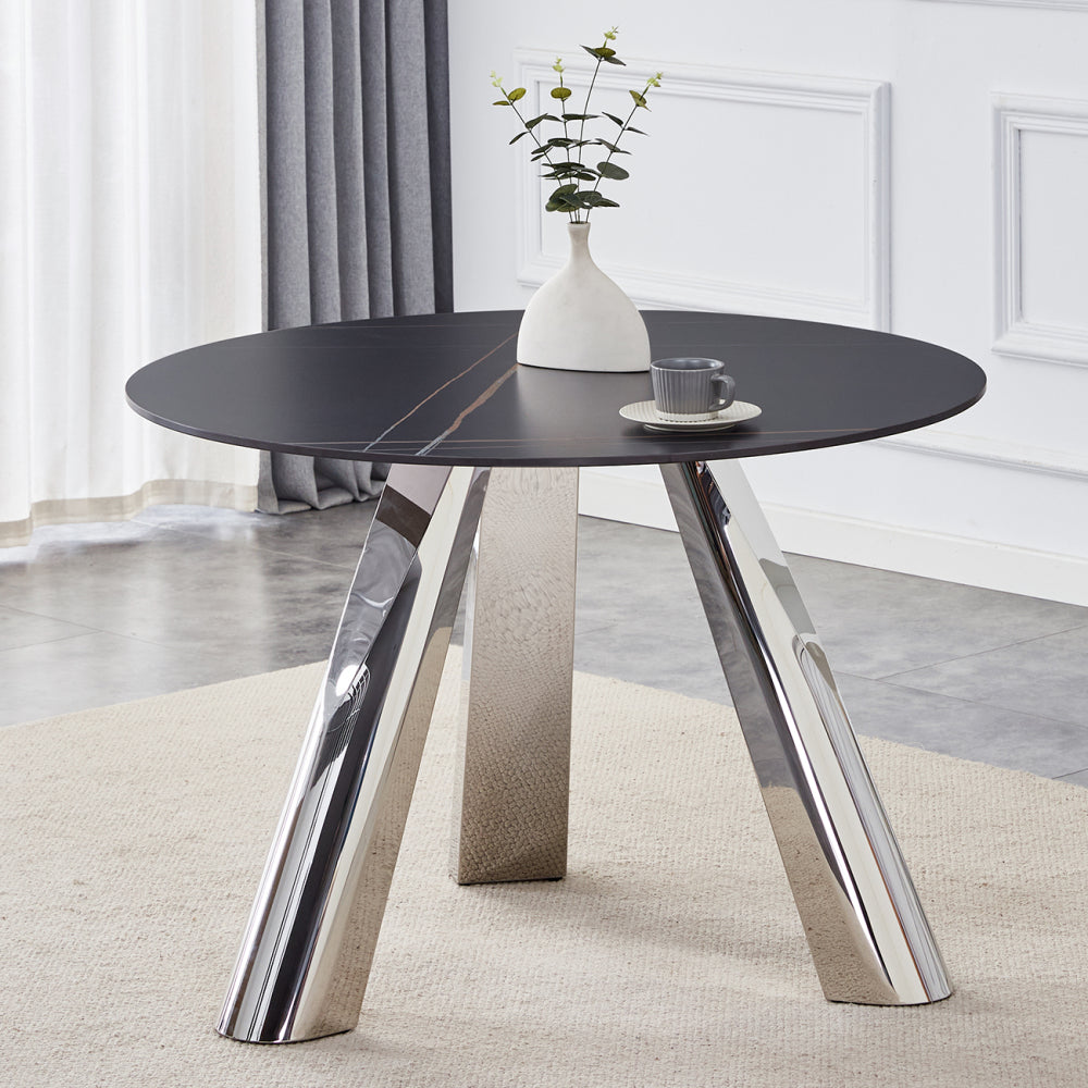 42" Luxury Sintered Stone Table: 0.45" Durable Top + 6" Steel Legs, 500lb Capacity, Stain/Heat-Resistant White/Gray Veined Surface - Modern Minimalist Design
