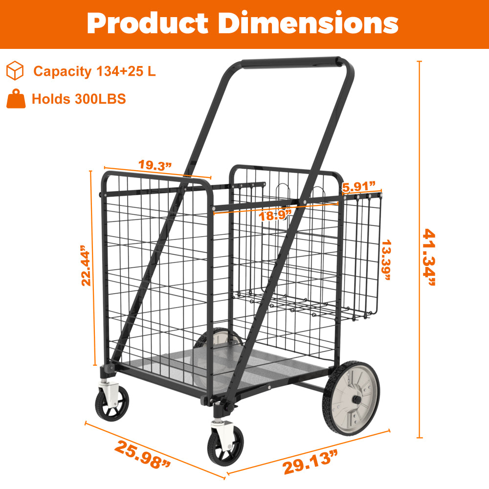 Bigger Super Jumbo Shopping Cart,Grocery Cart on Wheels, Foldable Utility Shopping Carts with Double Basket and 360° Rolling Swivel Wheels for Groceries Laundry
