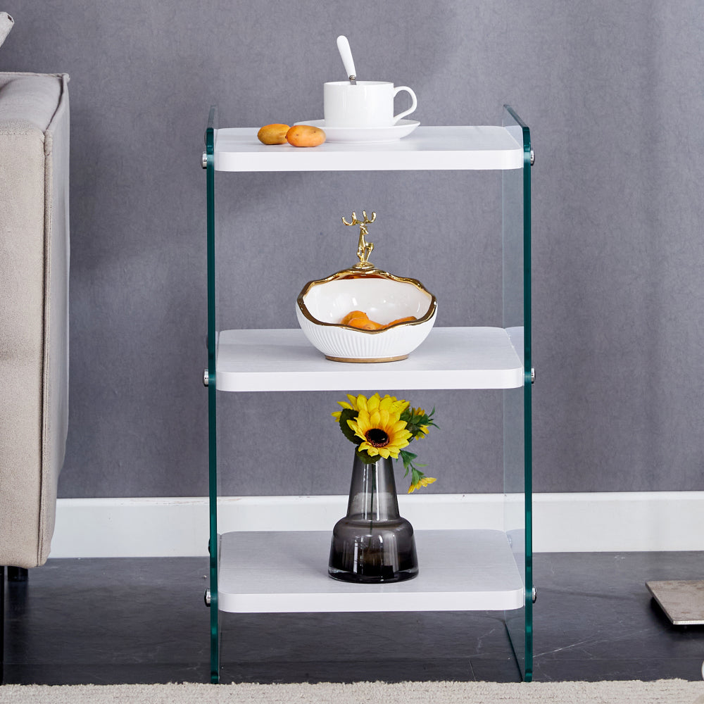 Three levels of bedside tables. The board surface is MDF, with white stickers, and both sides are transparent tempered glass. The design is simple and generous, with storage function.W1512P284948