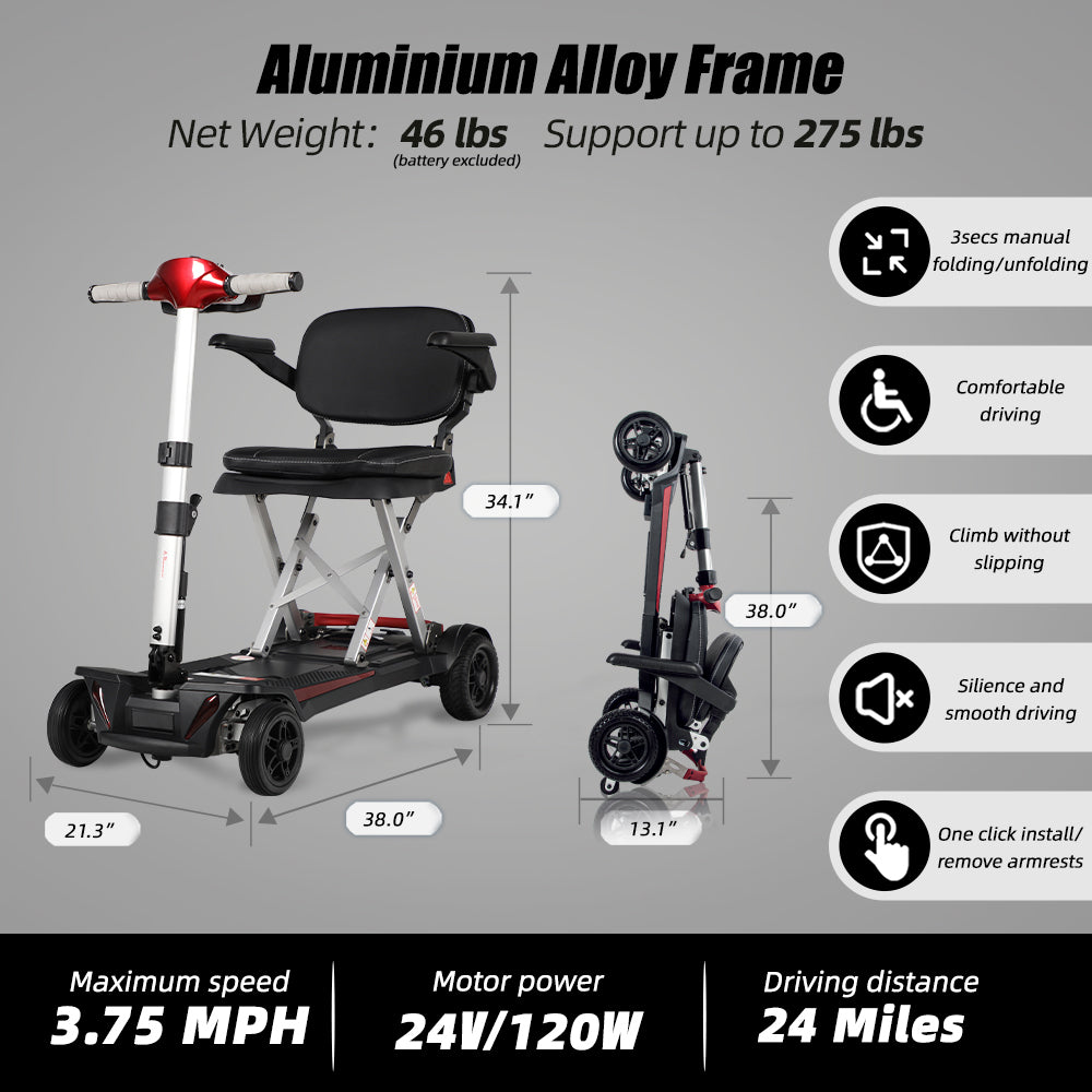 Manaul Folding Scooter M2085 Red with 26.5 AH Battery and Travel range 24 Miles