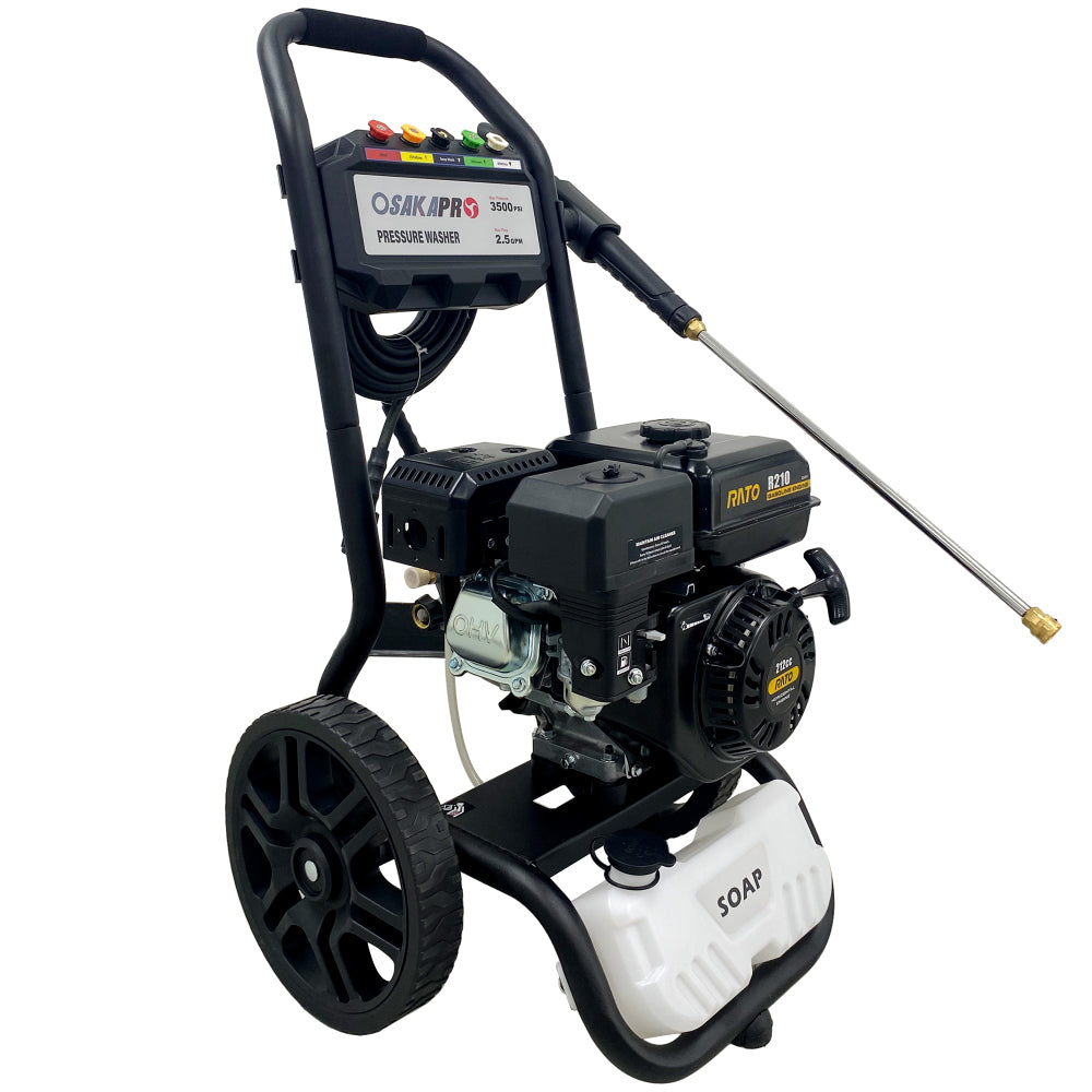 3500PSI Gas Pressure Washer, 2.5GPM Gas Powered High Pressure Washer with 212CC RATO Engine, 5PCS Adjustable Nozzles, Onboard Soap Tank, Spray Gun and Wand, Multi use. Black Color