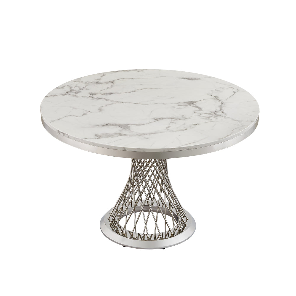 47" Round Marble Dining Table, Modern Kitchen Table with High Gloss Faux Marble Tabletop and Stainless Steel Base for Dining Room, Kitchen (Sliver,White)(Only a table)