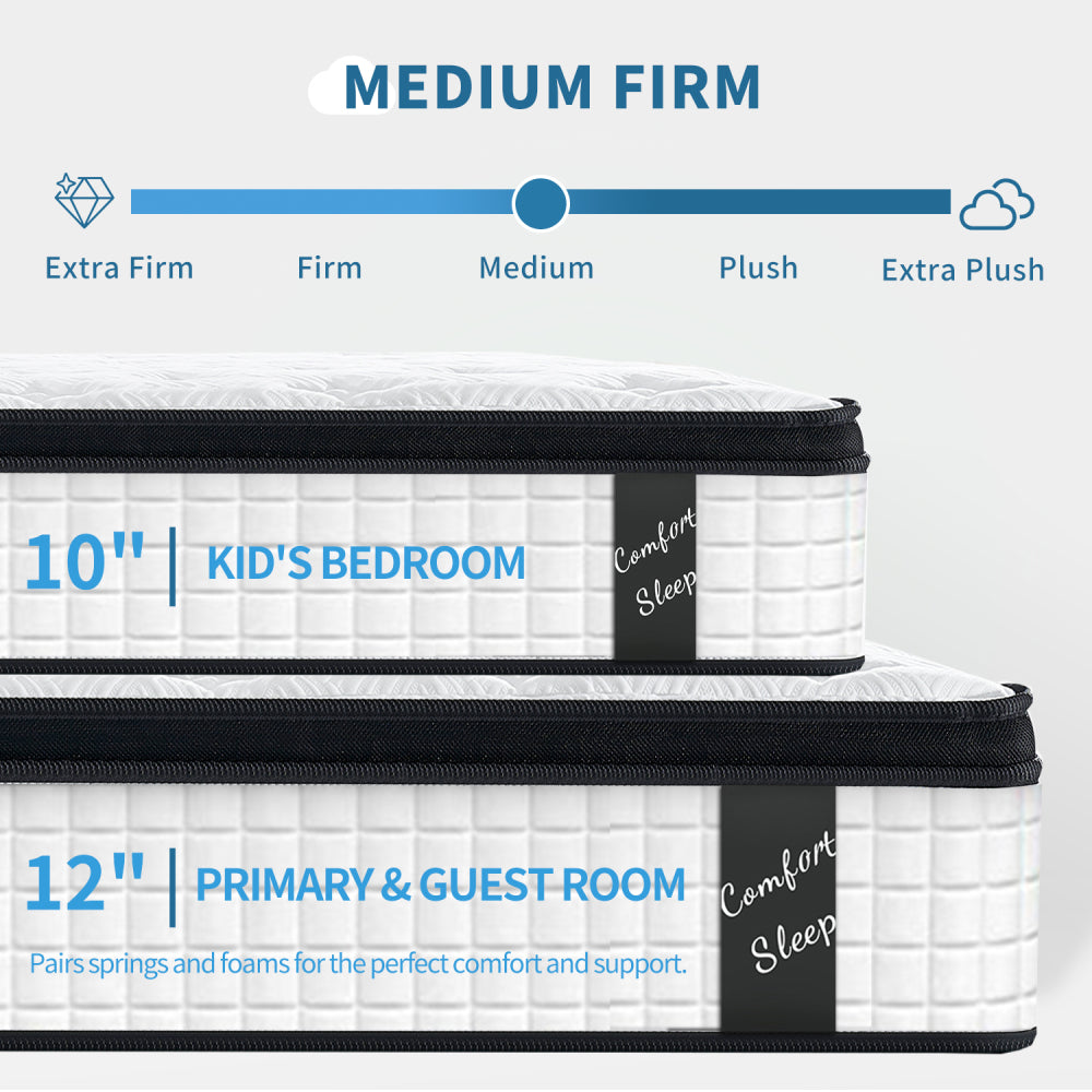 TWIN Size 12 Inch Hybrid Mattress Individual Pocket Spring 7-Zoned Memory Foam Knitted Cover CertiPUR-US White