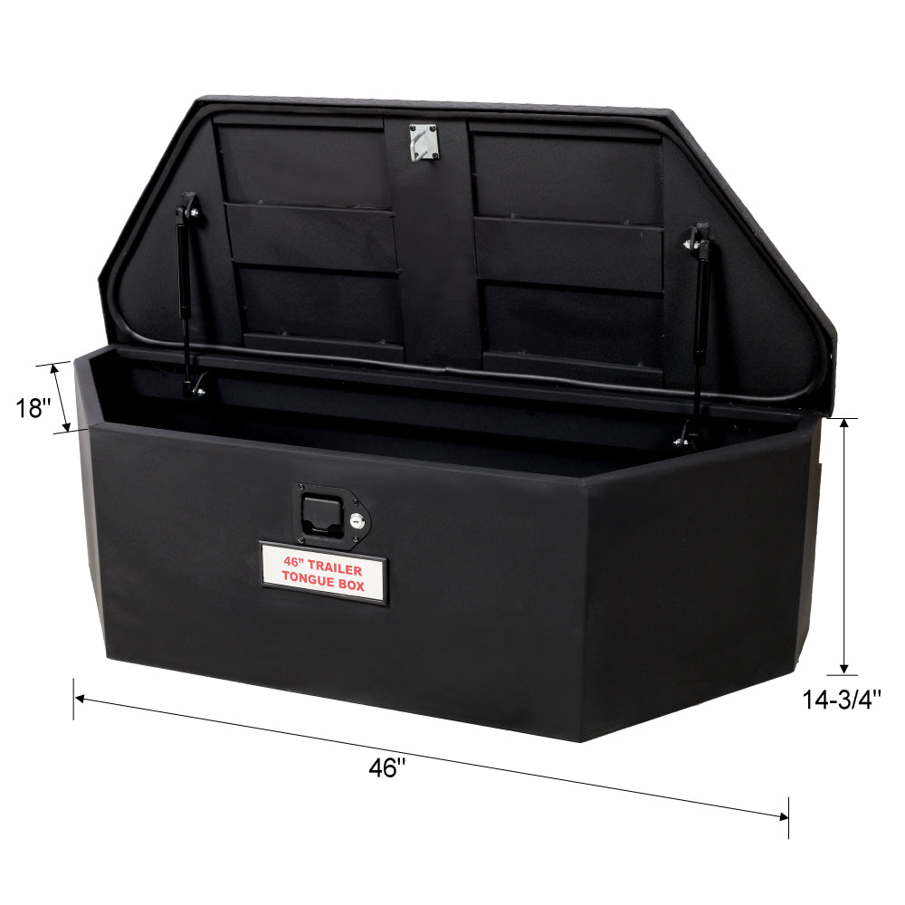 46"X18"X14.5" Tongue Truck Box Black Heavy Duty Steel Trailer Tongue Box, 6.7 CUFT Capacity, With Lock and Keys, Black color