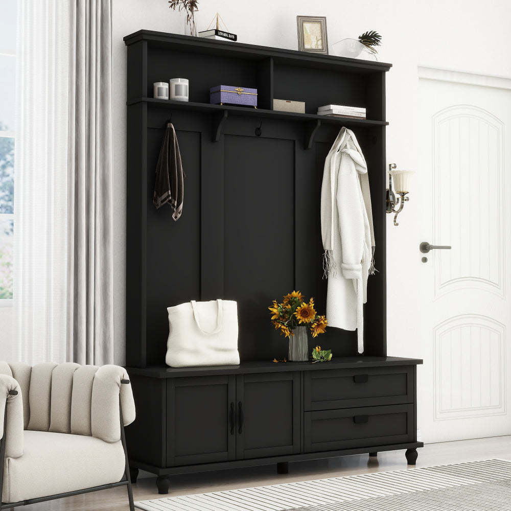 [VIDEO provided] ON-TREND Modern Style Hall Tree with Storage Cabinet and 2 Large Drawers, Widen Mudroom Bench with 5 Coat Hooks, White