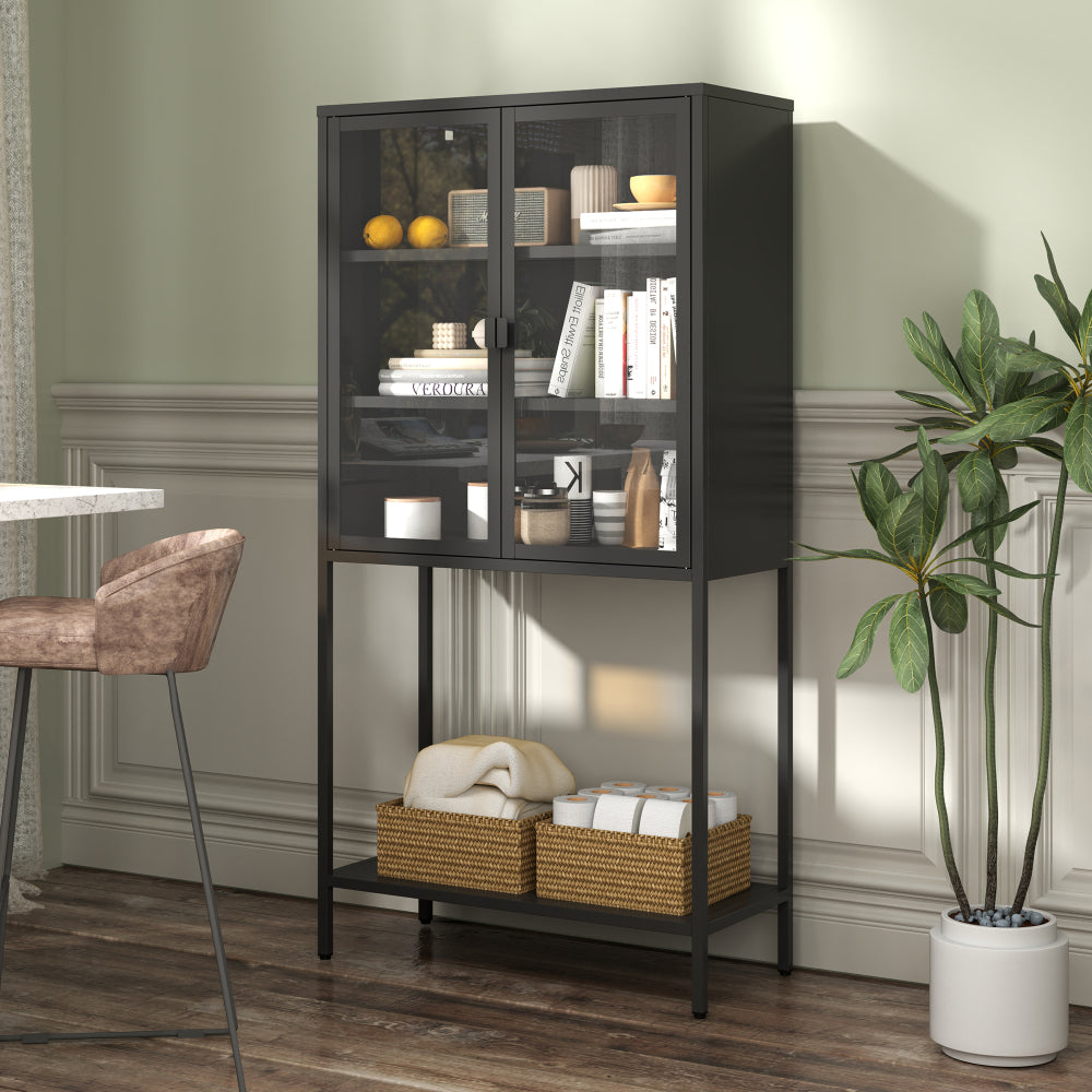 59"H Heavy Duty Metal Storage Cabinet,Sideboards & Buffet,Display Storage Cabinet with Glass Doors and 2 Adjustable Shelves, Tall Bookcase Modern Bookshelf Cabinet for Home Office, Living Room