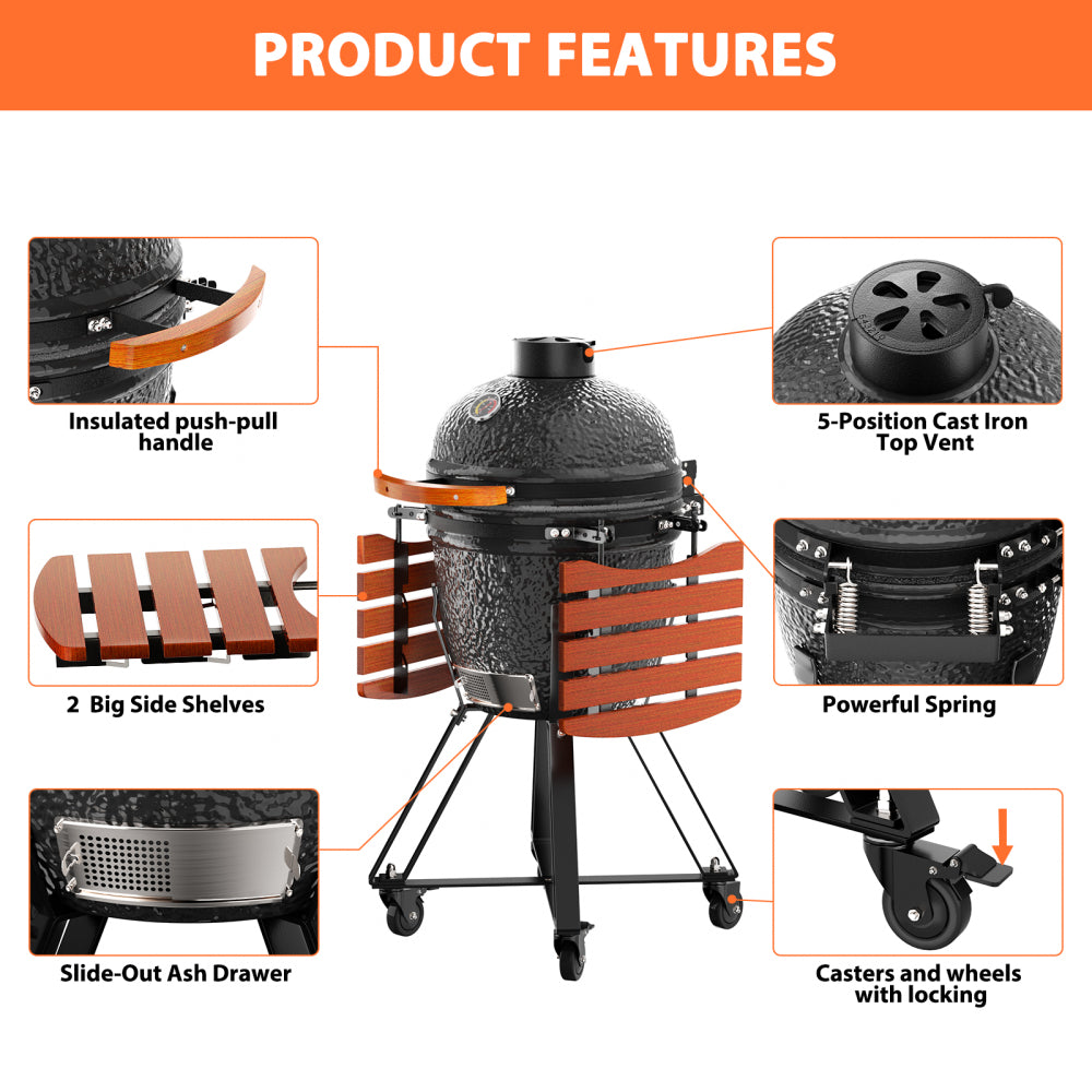 18" W Kamado Portable Charcoal Grill with Side Shelves and Cover, Black