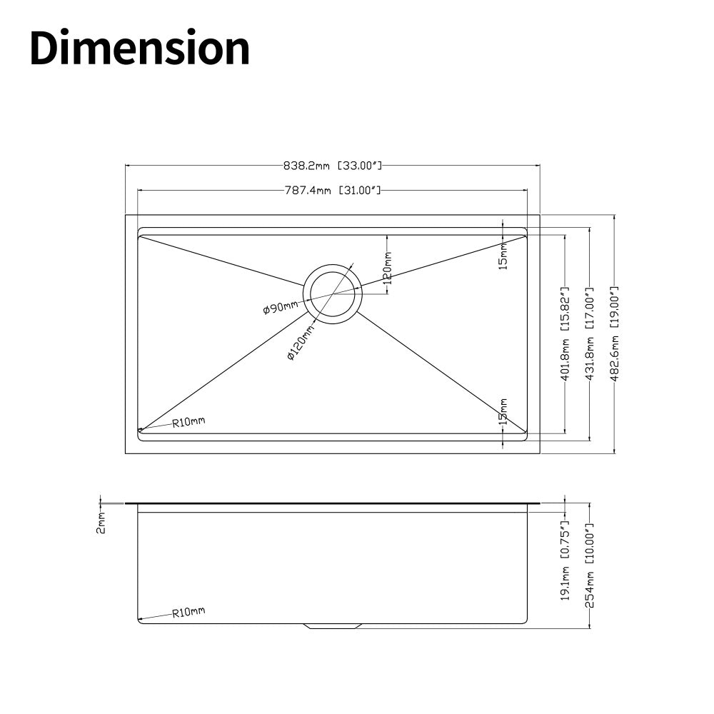 33x19x10"Undermount Single Bowl Stainless Steel Kitchen Sink with Workstation