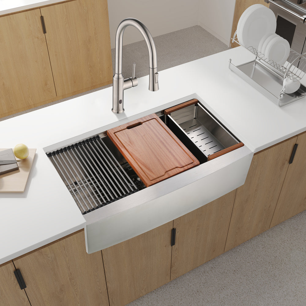 33x22x10"Farmhouse Apron Single Bowl Stainless Steel Kitchen Sink with Workstation