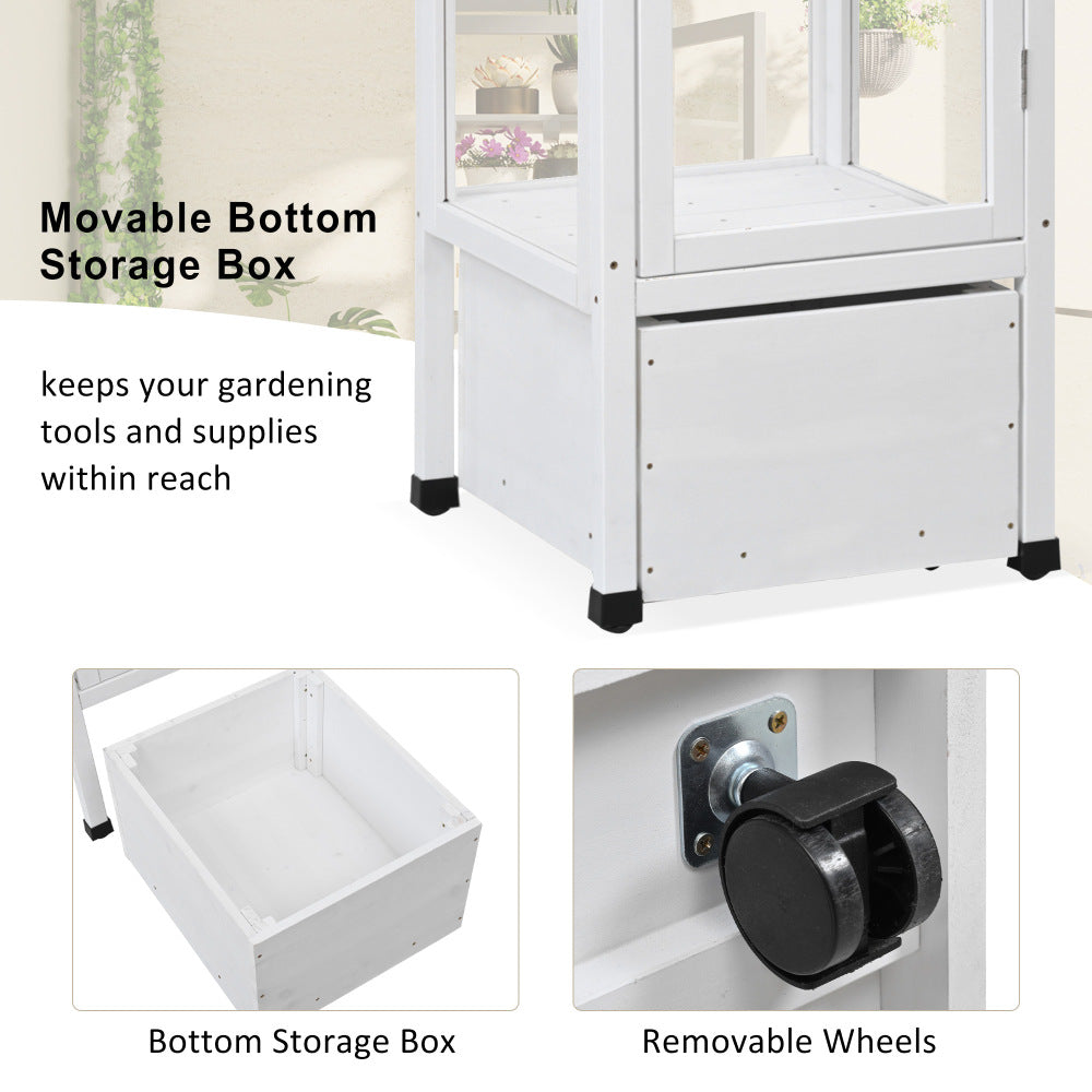 TOPMAX 62.4inch Height Wood Garden Greenhouse Balcony Portable Mini Cold Frame with Movable Storage Box and Adjustable Shelves for Outdoor Indoor Use, White