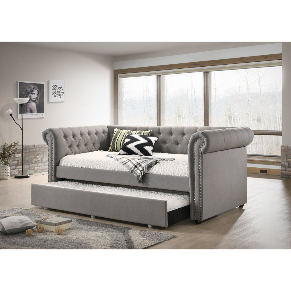 Luxurious 1pc Modern Aesthetic Beautifully Button Tufted Nailhead Trim Design Daybed Built-in pull-out Trundle Bed Living Space Guest Room Bedroom Dove Gray
