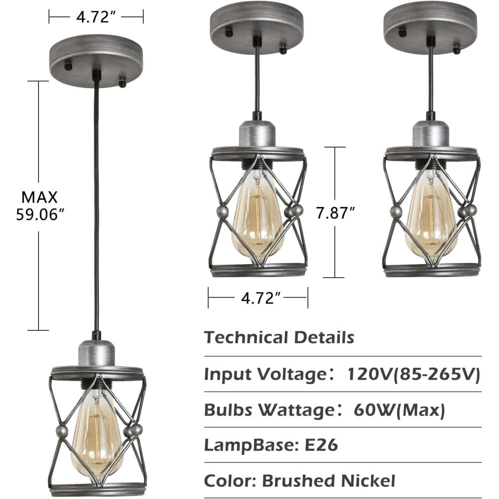 Industrial Pendant Lighting for Kitchen Island, Rustic Mini Cage Pendant Light, Farmhouse Pendant Lamp with Silver Grey Adjustable for Dining Room, Hallway, Entryway, Bedroom