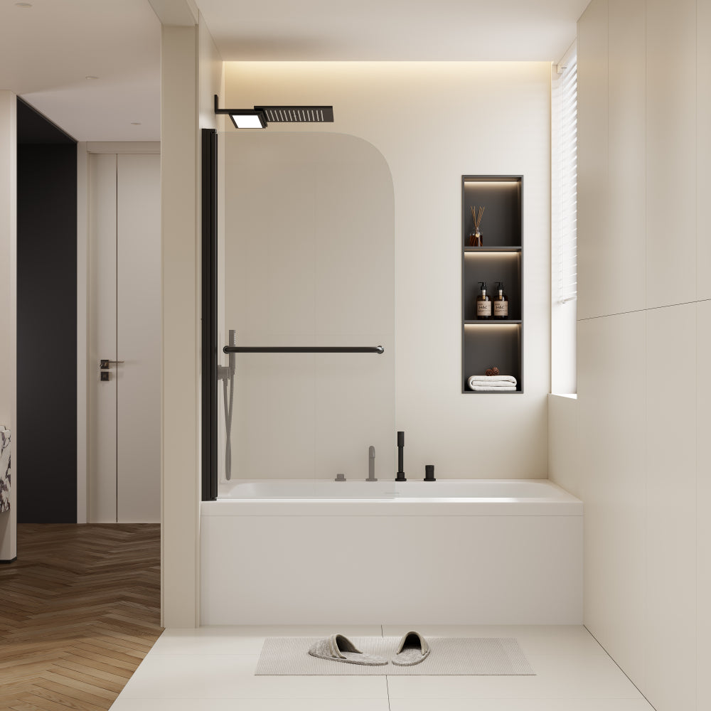 30 in. W * 58 in. H Rise and down rotation shaft door Shower Doors for Bathtub, 1/4" (6mm) Thick SGCC Tempered Glass Door, Bathroom Tub Glass single Door, Aluminium Alloy Matte Black Finish