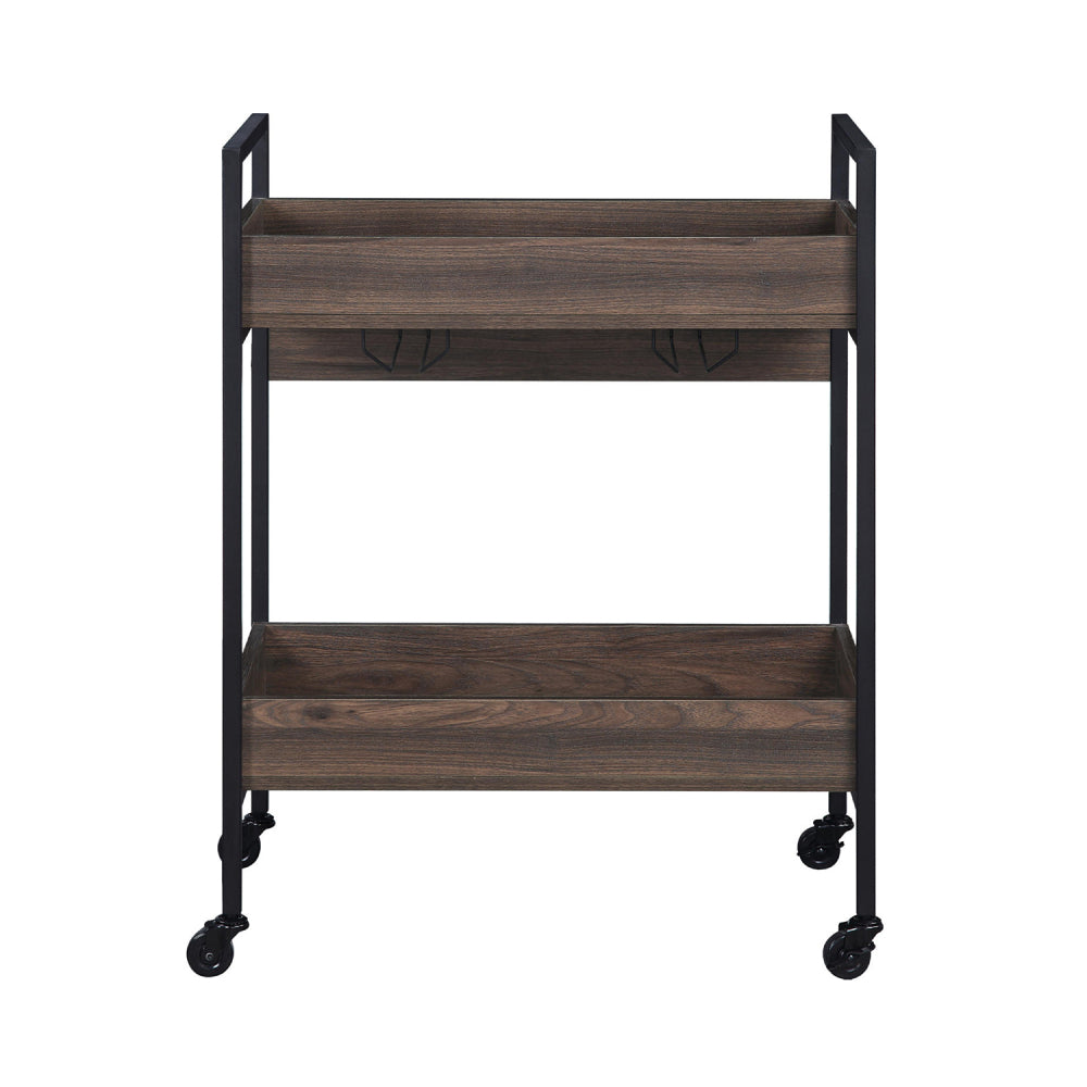Rectangular Serving Cart with 2 Tier Shelf, Walnut and Black