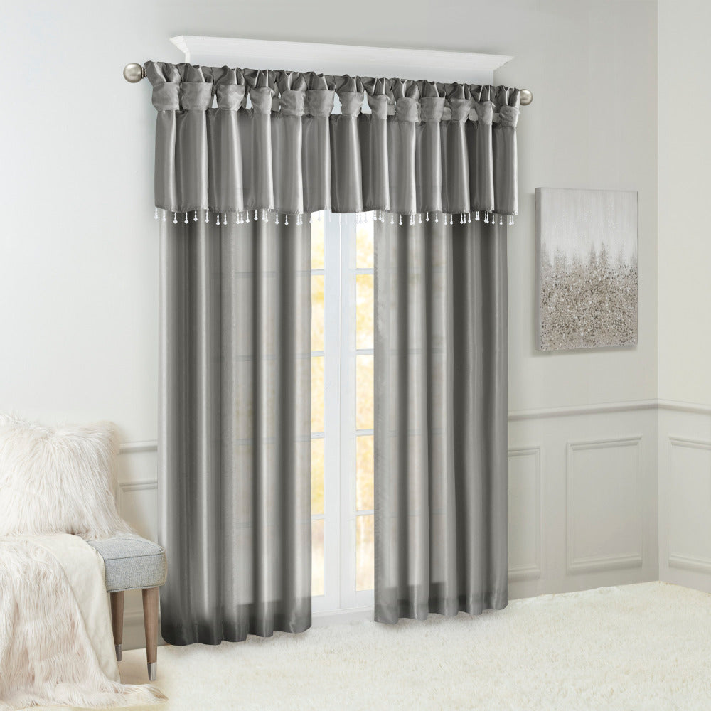 Lightweight Faux Silk Valance With Beads Charcoal 50x26"