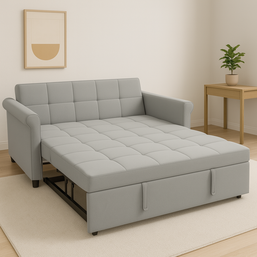 2-SEATER CONVERTIBLE VELVET LOVESEAT SOFA BED – GRAY PULL-OUT SLEEPER COUCH WITH SIDE POCKET, COMPACT DESIGN FOR SMALL SPACES, APARTMENT, GUEST ROOM