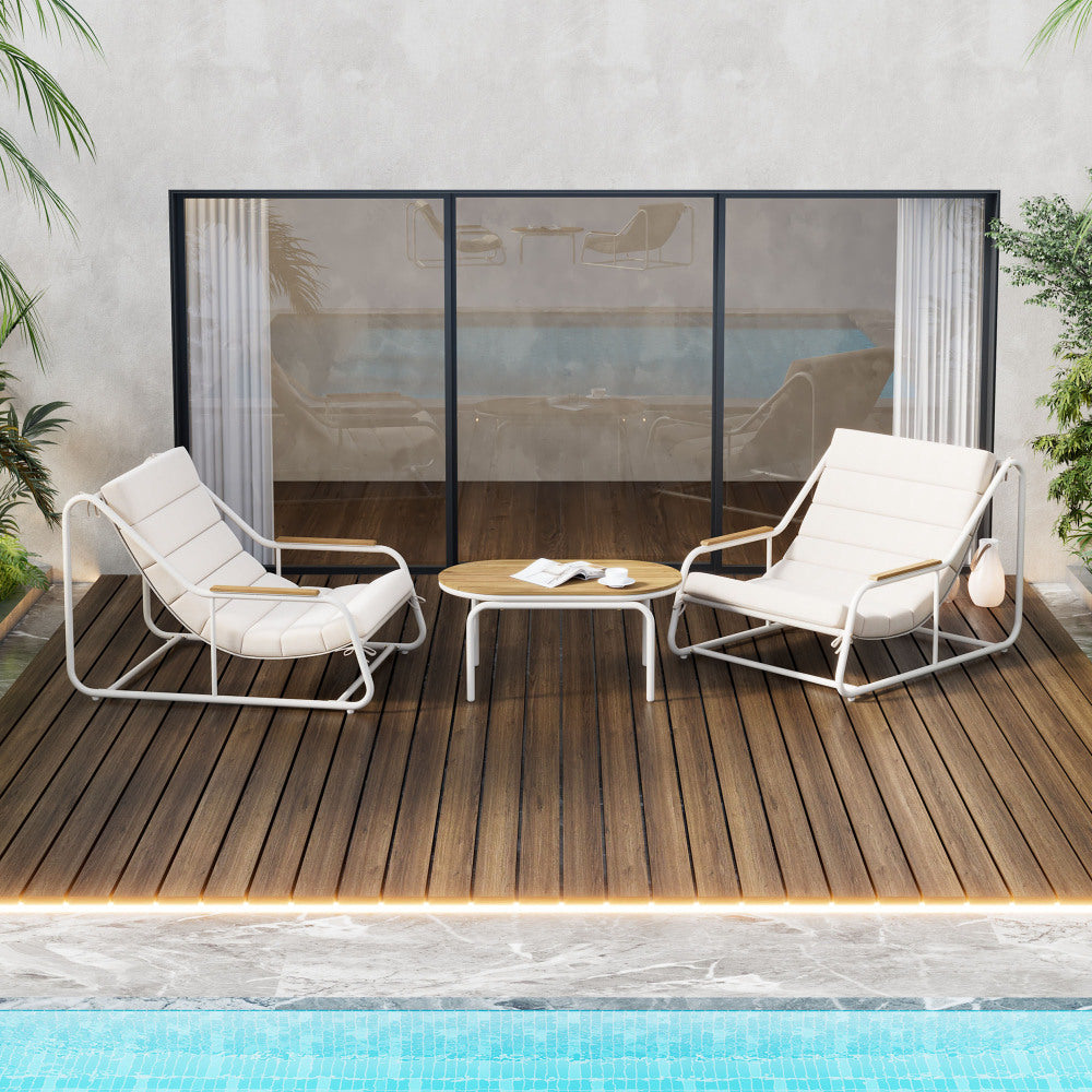 TREXM Outdoor Chaise Lounge Chairs Set of 3, Patio Chaise Lounge Chair with Acacia Side Table, Pool Lounge Chairs for Lawn, Deck, Beach, Beige+White
