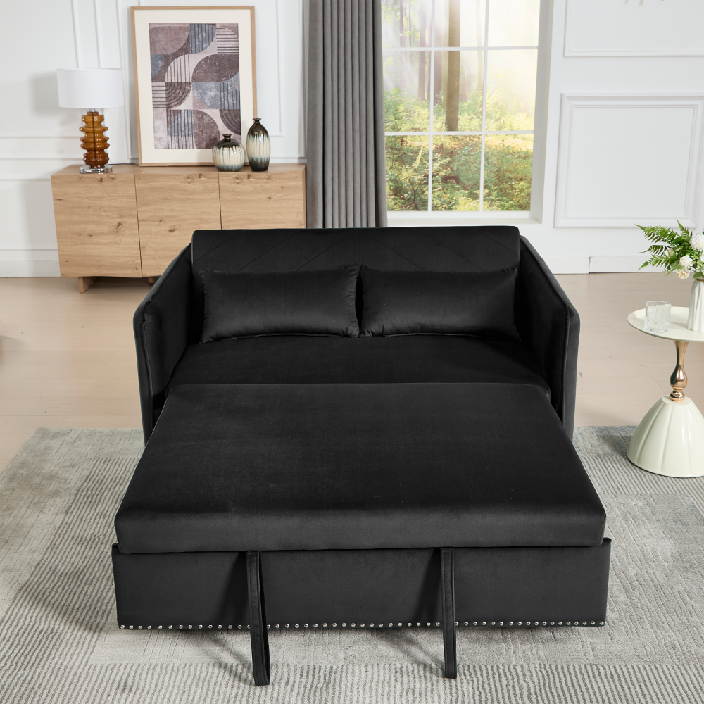 3 in 1 Convertible Sleeper Futon Sofa Bed, 55" Velvet Small Loveseat Lounge Couches with 2 Pillows, Reclining Backrest,Side Pockets for Living Room, Pull-Out Couch