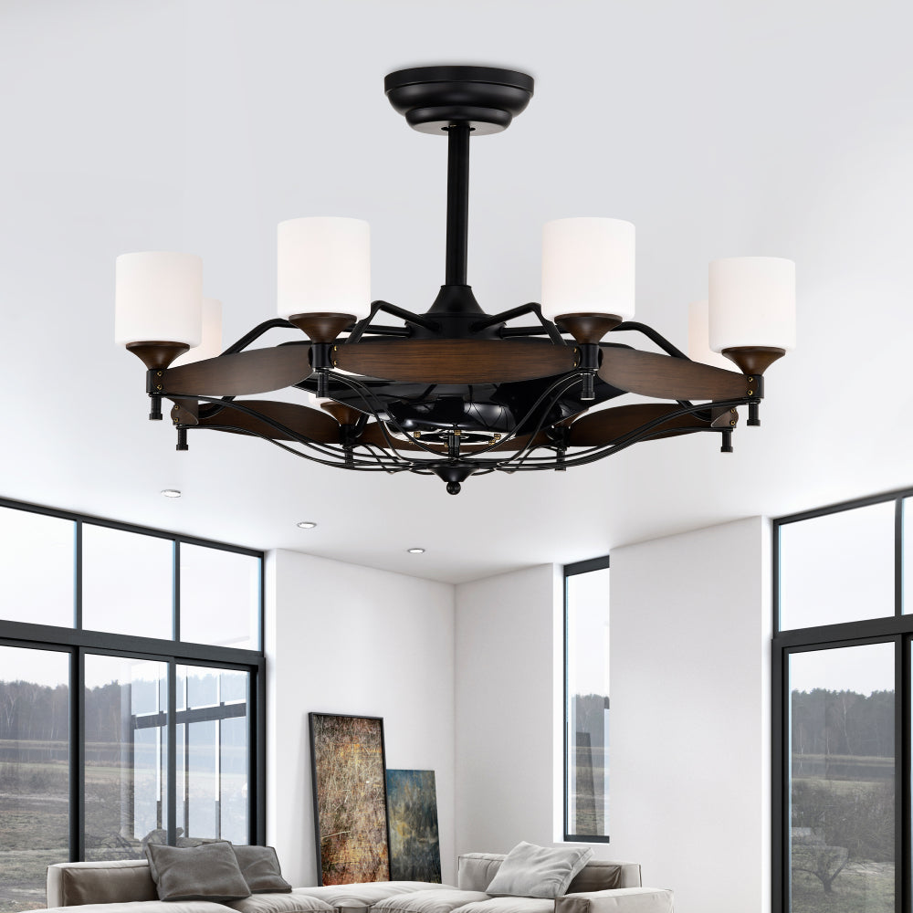 Dia 33 inch Chandelier Ceiling Fan With Remote Control,DC Motor ,6 Speed,3 ABS Blades for Bedroom Dining Room Living Room Kitchen Farmhouse Entry,Matte Black+  Red Wood Grain