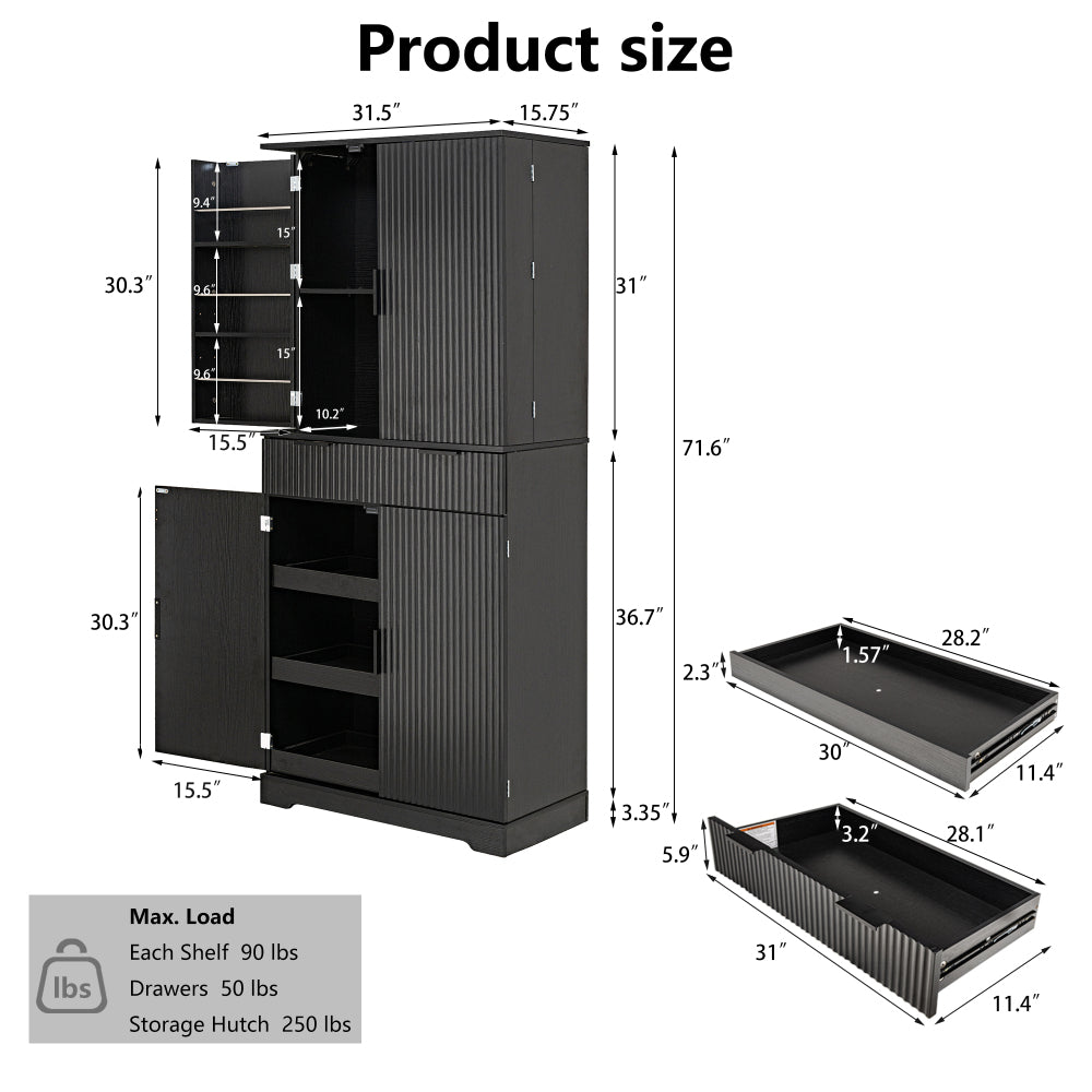 72" Fluted Kitchen Pantry Cabinet with 3 Keyboard Drawers & 6 Door Shelves Adjustable, Freestanding Cupboard Storage Cabinet for for Bathroom Diningroom, Office, Entryway, Black