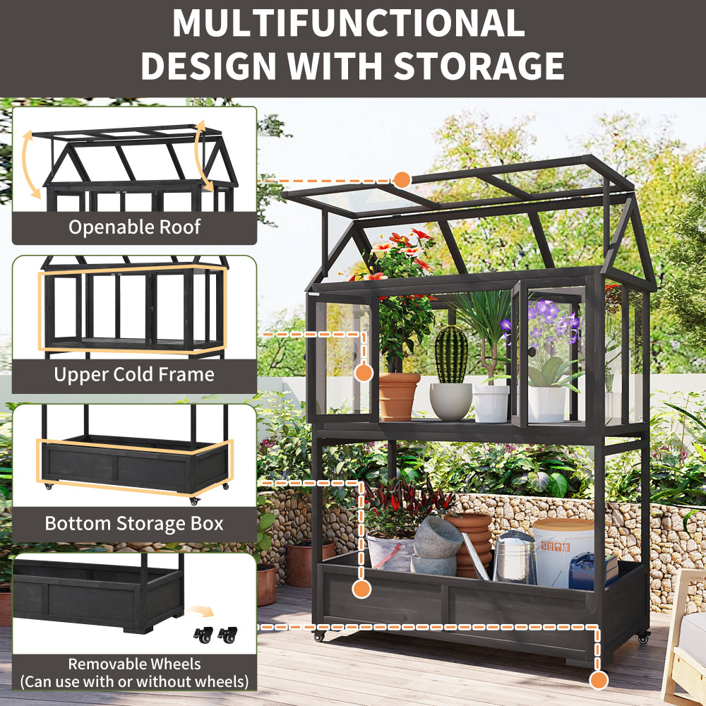 [Assembly Video Available] TOPMAX Garden Wood Portable Cold Frame with Movable Wheels Mini Greenhouse with Openable Roof and Storage Box, Black