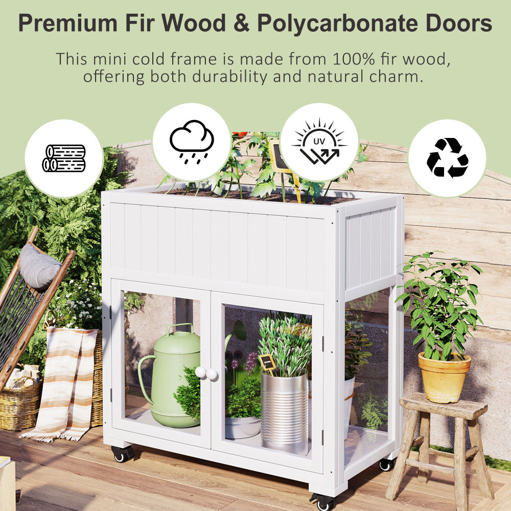 TOPMAX Patio 35.4''x17.7''x37.4'' Mini Wood Cold Frame, Compact 2 Doors Garden Greenhouse with Wheels, Raised Bed with Liner for Indoor Outdoor Use, White