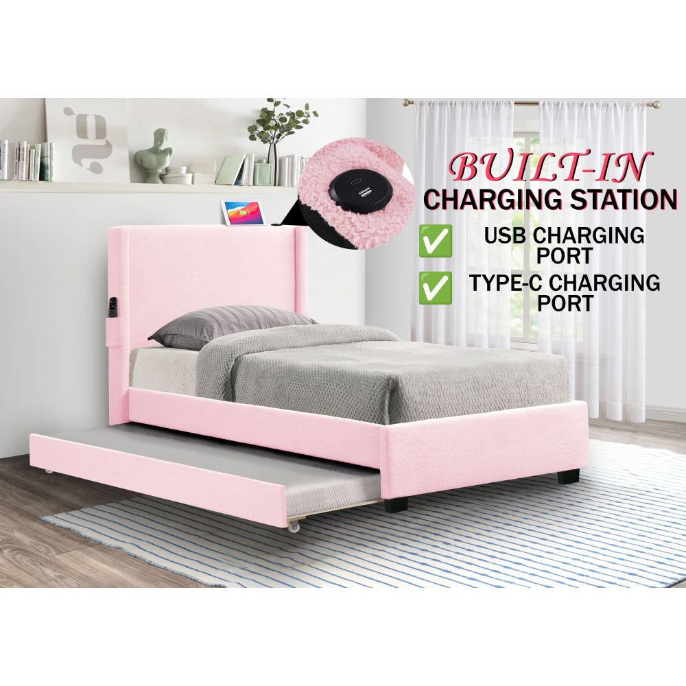 PINK TWIN SIZE UPHOLSTERED BED FRAME WITH TRUNDLE BED, TEDDY FABRIC, USB FUNCTIONALITY, AND A POCKET DESIGN ON THE SIDE OF THE HEADBOARD FOR STORING SMALL ITEMS. PINK IS A GIRL'S FIRST CHOICE!