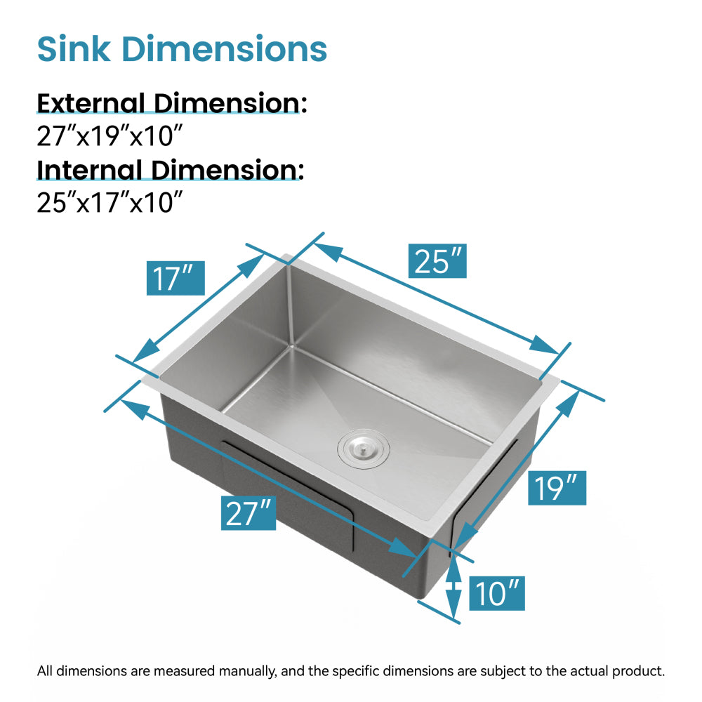 Stainless Steel Kitchen Sink, 27″x19″ Single Bowl, Undermount Handmade Sink in Brushed Nickel, with US Standard Drain and Hook, LS-SSBR06