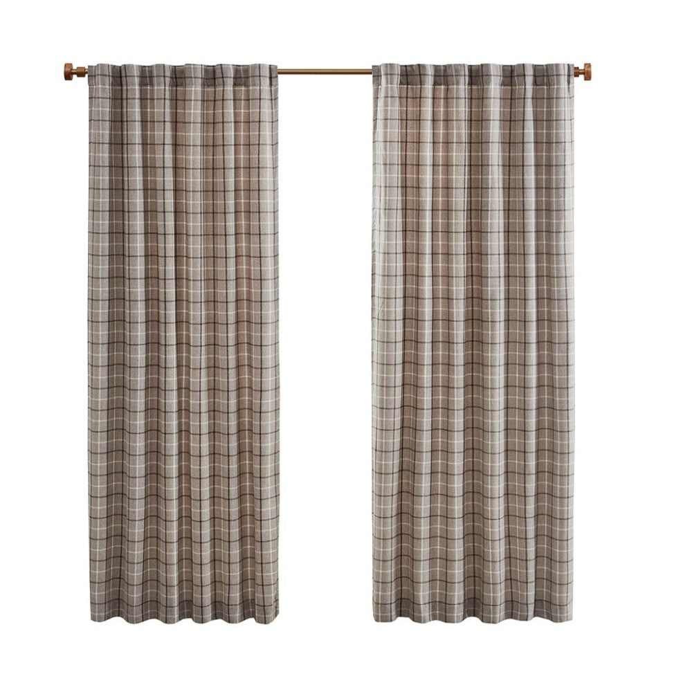 Plaid Rod Pocket and Back Tab Curtain Panel with Fleece Lining Brown 50x95"