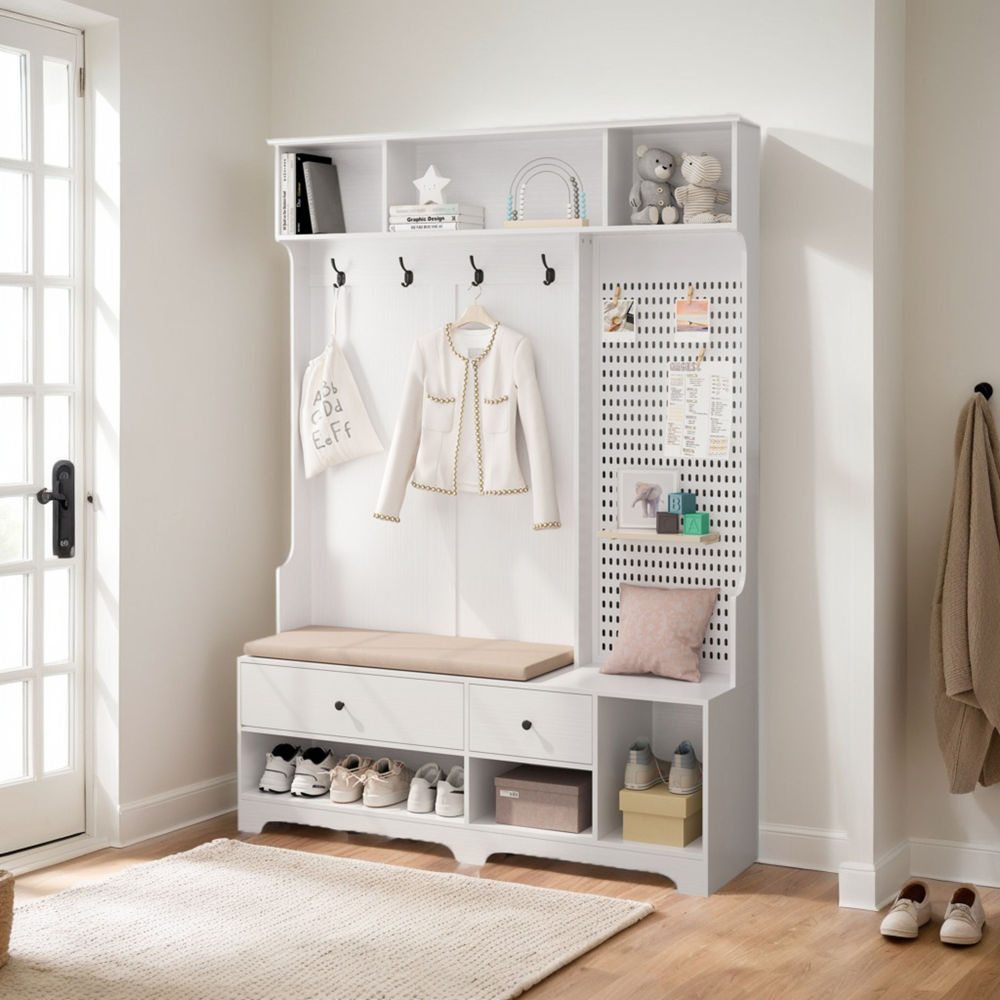 Multi-purpose Hallway Hall Tree with Removable Linen Cushioned Entryway Bench, Coat Rack, Storage Shelves, and DIY Pegboard,for Hallways, Living Room, White