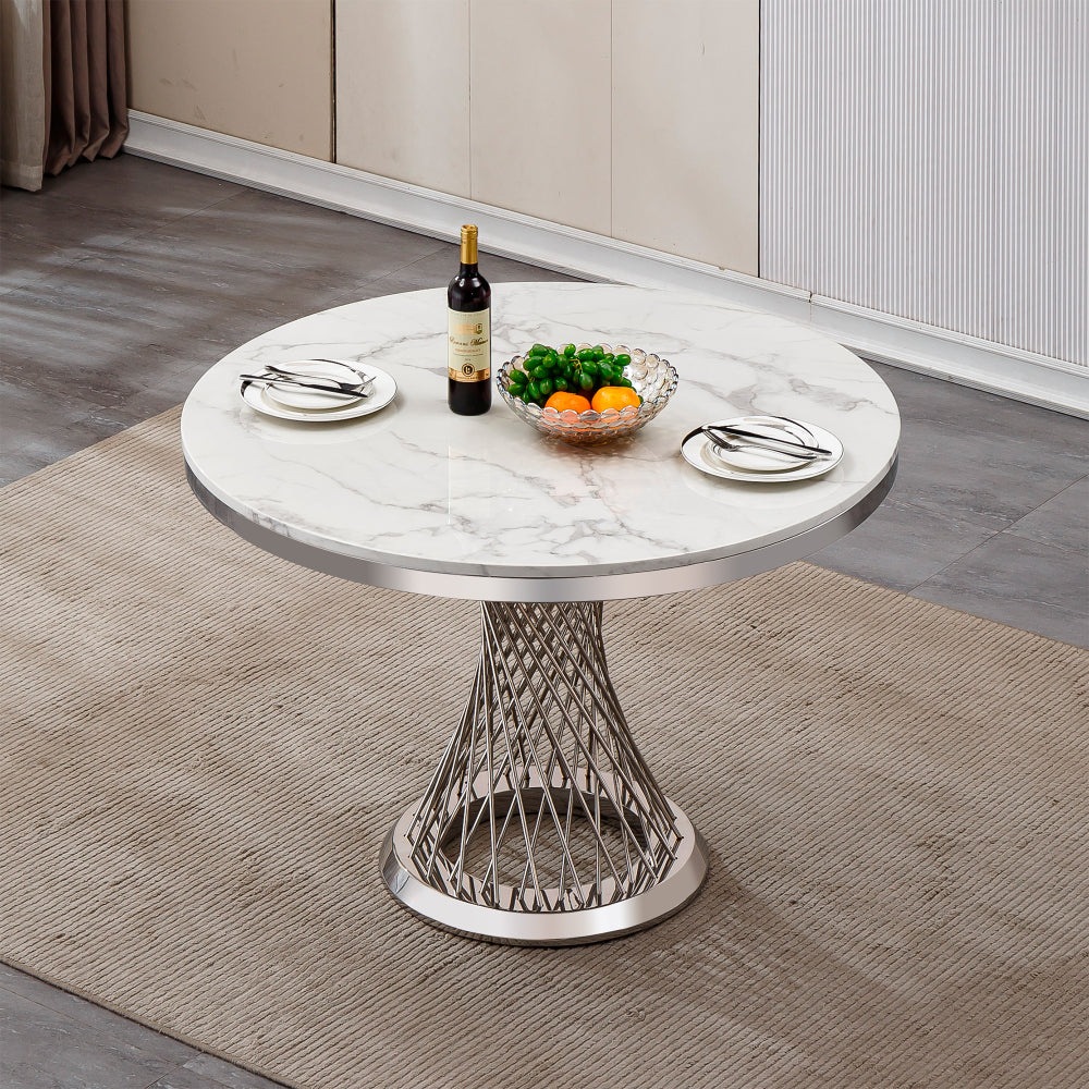 47" Round Marble Dining Table, Modern Kitchen Table with High Gloss Faux Marble Tabletop and Stainless Steel Base for Dining Room, Kitchen (Sliver,White)(Only a table)
